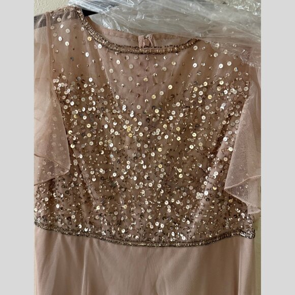 NWT - JKara Illusion Neckline Flutter Sleeve Beaded Long Dress Formal - Blush P6 - Picture 8 of 8